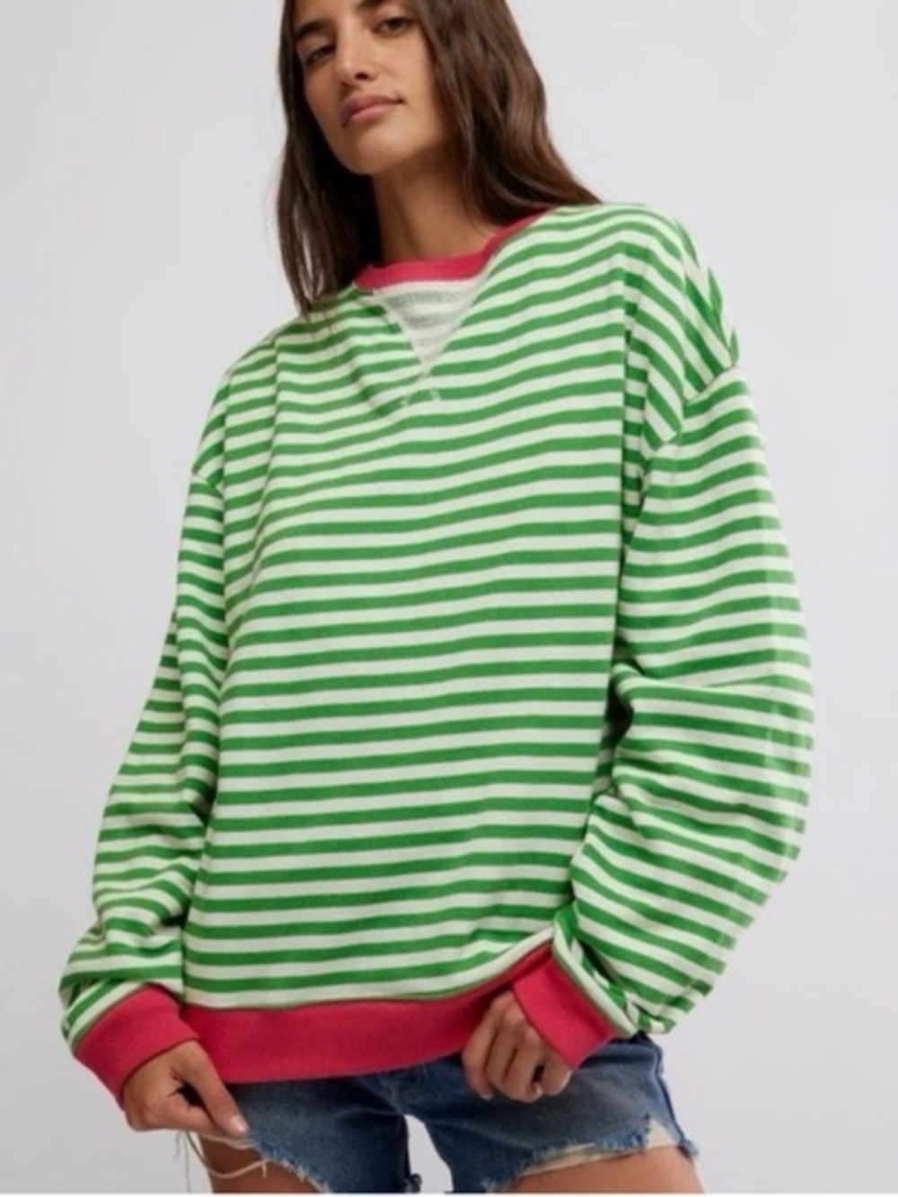 We the Free Classic Striped Oversized Sweatshirt XS Green Pink